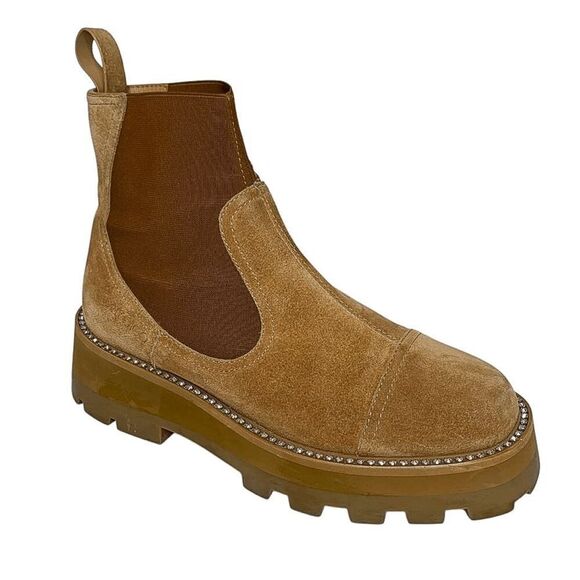 Jimmy Choo Clayton Suede Crystal Embellished Ankle Chunky Boots EU 36.5 Camel - Picture 1 of 9